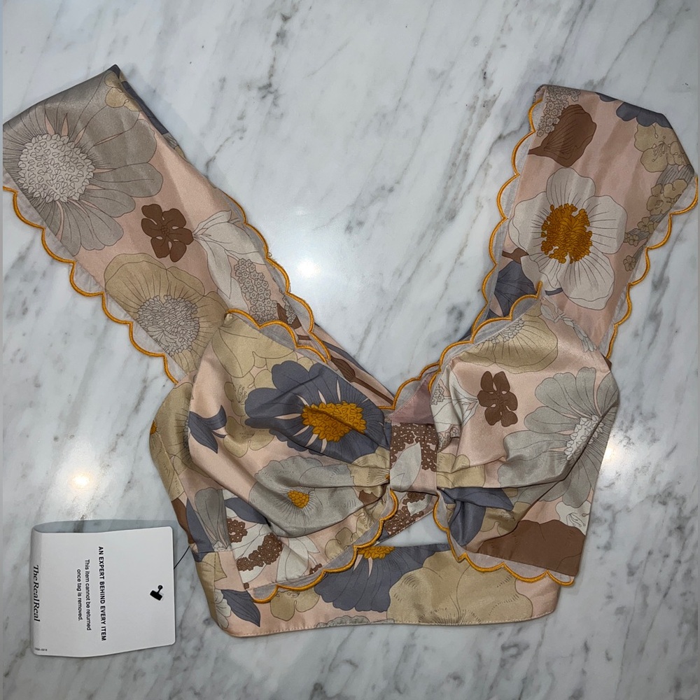 Alice McCall Floral Scallop-Edge Crop Top in Blush, Mustard, Gray